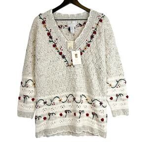 NWT Vintage Express Tricot Floral VNeck HandKnitted Tunic Sweater Beige - M